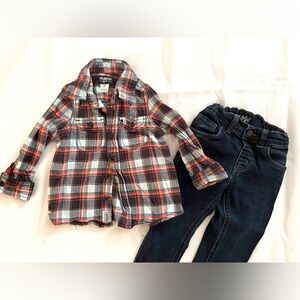 Oshkosh flannel top with Cat and Jack denim jeans outfit